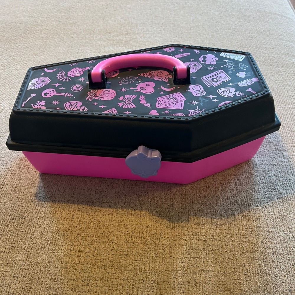Monster High Coffin Storage Case Pink Black Ghouls Rule Vanity Box with Tray
